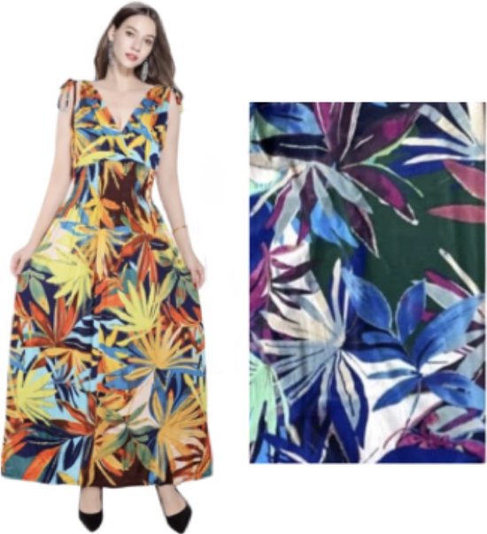 Dames maxi jurk met bladerenprint S/M Blauw/paars/roze/groen