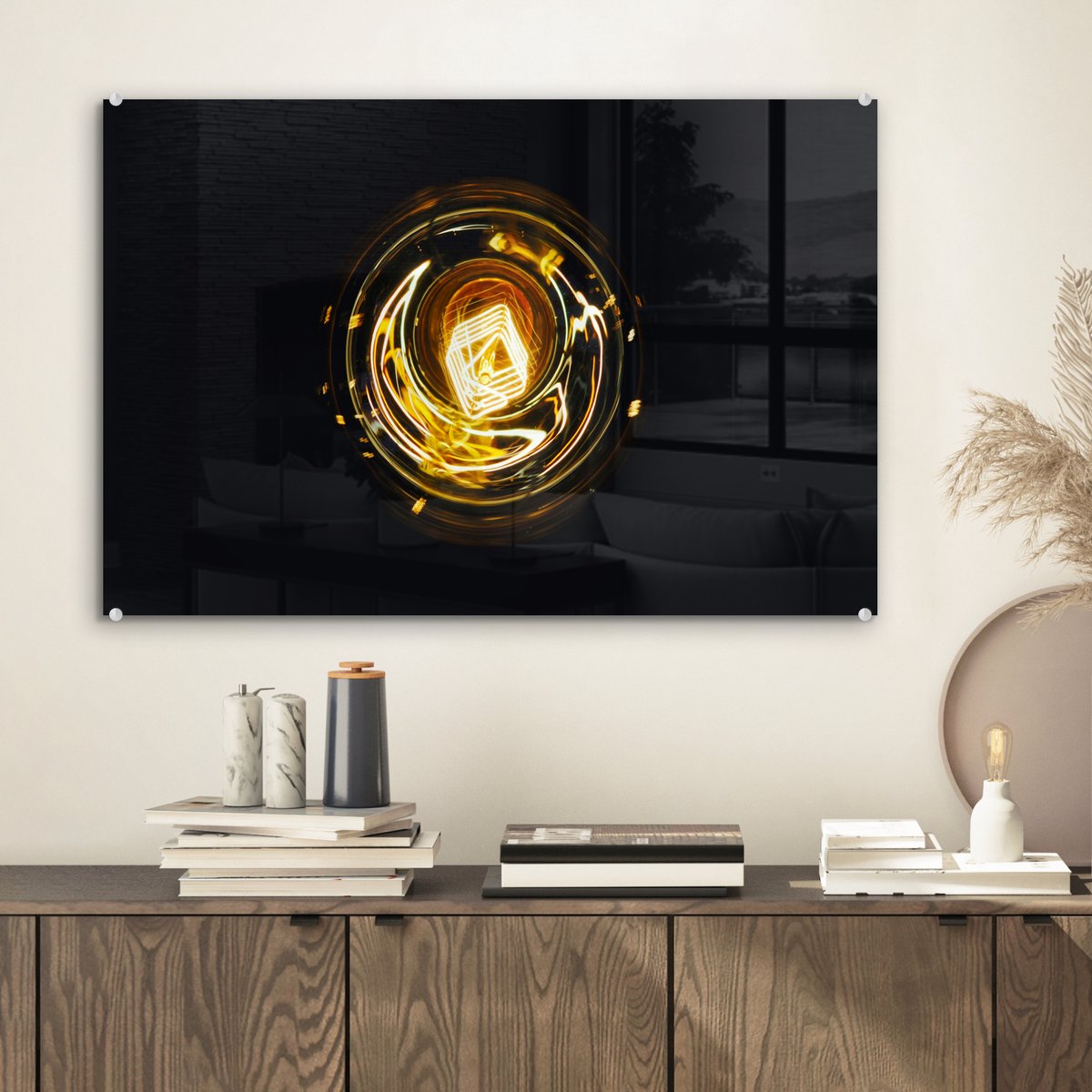 Glasschilderij zwart goud - Gloeilamp - Goud - Zwart - Luxe - 60x40 cm - Schilderij glas -