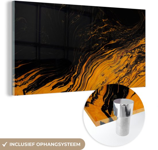 Glasschilderij zwart goud - Marmer - Verf - Goud - Zwart - Marmerlook - 40x20 cm - Muurdecoratie - Decoratie slaapkamer