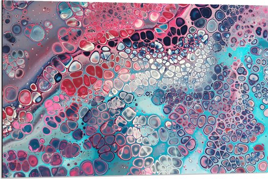 Dibond - Abstracte Vormen en Stippen in het Roze, Paars en Blauw - 90x60 cm Foto op Aluminium (Wanddecoratie van metaal)