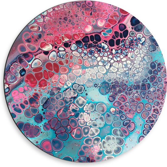 Dibond Muurcirkel - Abstracte Vormen en Stippen in het Roze, Paars en Blauw - 50x50 cm Foto op Aluminium Muurcirkel (met ophangsysteem)