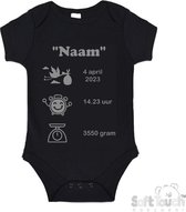 100% katoenen Romper met naam & geboortegegevens Unisex/Meisje/Jongen Katoen Zwart/grijs Maat 56/62