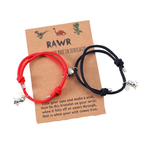 Bracelets d'amitié pour 2 avec cœur magnétique et Dino - Bracelets noirs et rouges - Bracelet BFF sur carte-cadeau - Pax Amare