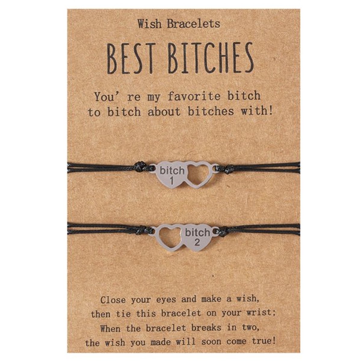 Vriendschapsarmbandjes voor 2 "Best Bitches" Hartjes - Zilverkleurig met Zwarte Bandjes - BFF Armband op Cadeau kaartje - Pax Amare