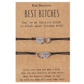 Vriendschapsarmbandjes voor 2 "Best Bitches" Hartjes - Zilverkleurig met Zwarte Bandjes - BFF Armband op Cadeau kaartje - Pax Amare