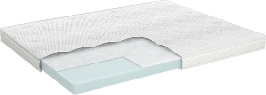 Doorgesneden matras met witte topper, lichtblauwe schuimlaag en gestoffeerde onderkant.