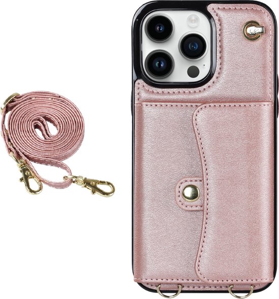 Coque de téléphone rose pailletée avec fermoirs dorés et cordon détachable.