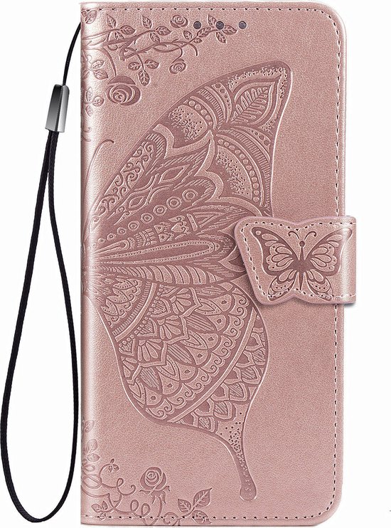 Portefeuille rose avec motif papillon et fleurs en relief et dragonne.