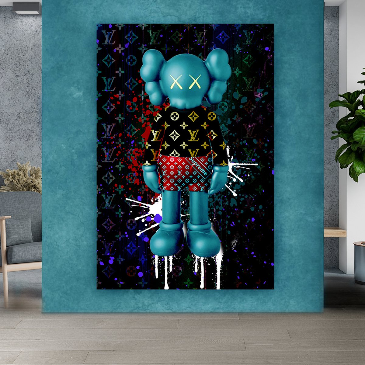 Poster op Hoge kwaliteit pvc - 60x90cm (zonder frame) - Wall street Art - Wanddecoratie - Canvas - Kaws Graffiti wallpaper - Uniek design