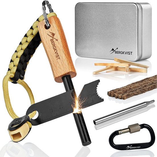 Kit De Survie Allume-Feu En Métal - Tige Magnésium/Ferro, 5 Bâtons Bois Gras, Grattoir Multifonction - Pour Camping, Bushcraft