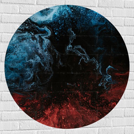 Muursticker Cirkel - Mix van Blauwe en Rode Patronen op Zwarte Achtergrond - 100x100 cm Foto op Muursticker