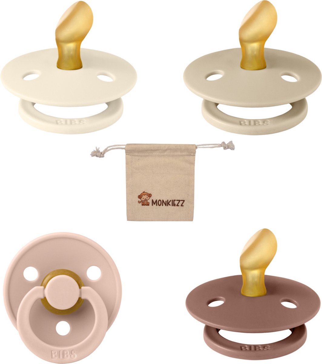 Goedkoopste Bibs Dental fopspenen Anatomical 6-18 maanden- Set 4 stuks- Ivory, Vanilla, Blush, Woodchuck- Monkiezz speenzakje - orthodontisch- Anatomisch- Maat 2