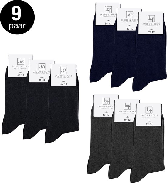 Jacob & Roy's 9 Paar Sokken Zwart/Blauw/Grijs - Kousen - Heren & Dames - Katoen - Maat 43-46 - Socks - Naadloos