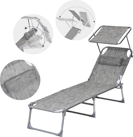 MIRA Home - Ligbed - Zonnebed - Tuinstoel - Zonnescherm - Grijs - 193x30x62