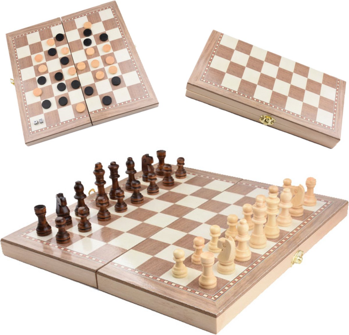 Shagam - 3-in-1 Set - 39 x 39 cm - Schaakbord - Dambord (8x8) - Backgammon - Hout - Met Schaakstukken - Opklapbaar - Schaakspel - Schaakset - Schaken - Chess - Damset