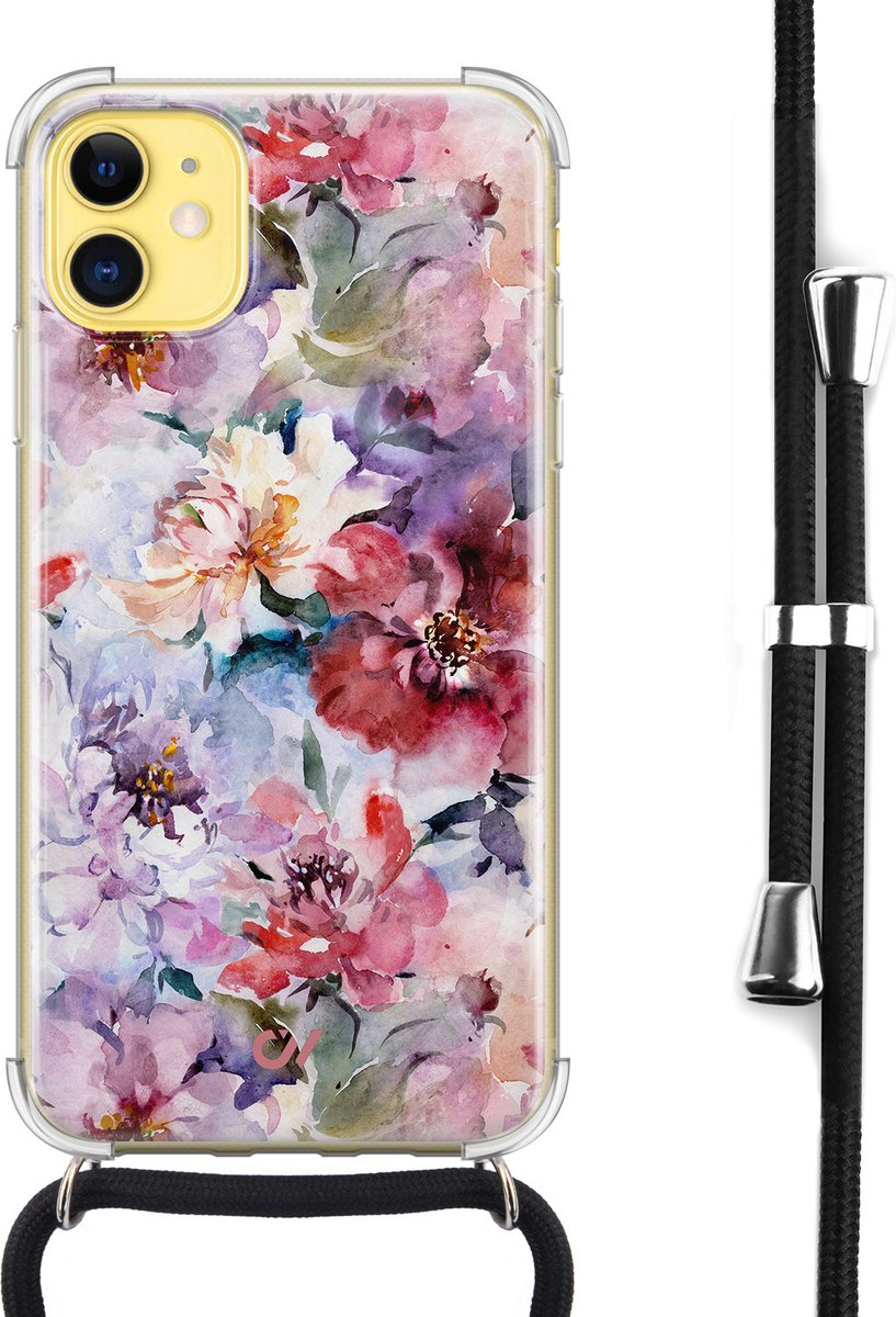 Casevibes - Telefoonhoesje met koord - Geschikt voor Apple iPhone 11 - Bloemen Acryl - Roze -