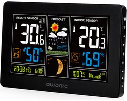 Auronic Weerstation Binnen en Buiten - Draadloos - Met Buitensensor - Temperatuur en Luchtvochtigheid - Digitaal - Hygrometer - Luchtvochtigheidsmeter - 60 Meter Bereik - Zwart Auronic Weerstation Binnen en Buiten - Draadloos - Met Buitensensor - Temperatuur en Luchtvochtigheid - Digitaal - Hygrometer - Luchtvochtigheidsmeter - 60 Meter Bereik - Zwart