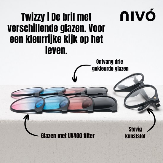 Nivó Clip On Zonnebril - Twizzy - Zwart Montuur - Gekleurde Glazen - Hippe Zonnebril - UV400 Filter - Gepolariseerd - Gratis Luxe Brillenhoes
