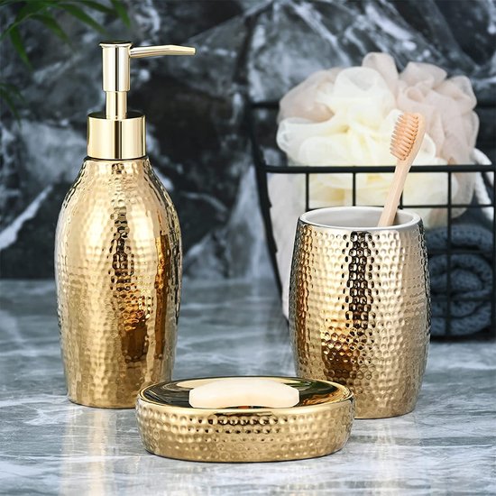 Ensemble distributeur de savon doré, ensemble d'accessoires de salle de bain  3 pièces... | bol.com