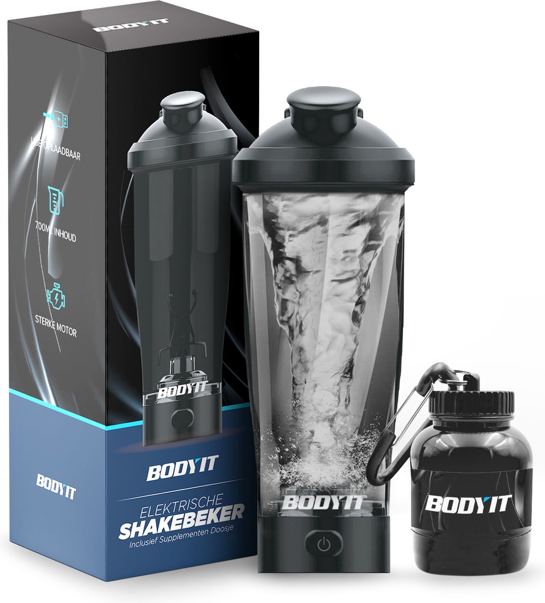 Goedkoopste BODYIT® - Elektrische Shakebeker met Supplementen Doosje - 700ml - Lekvrije Proteïne Shaker - USB-Oplaadbare Shakebekers met Accu - USB-C - Zwart