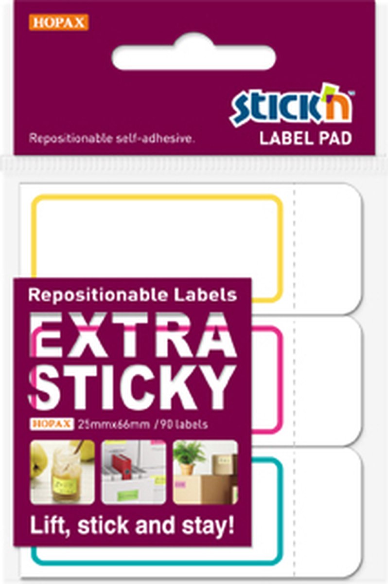 Stick'n Label etiket - 25x66mm, extra sticky, wit met rand, 3x30 sticky notes 56466