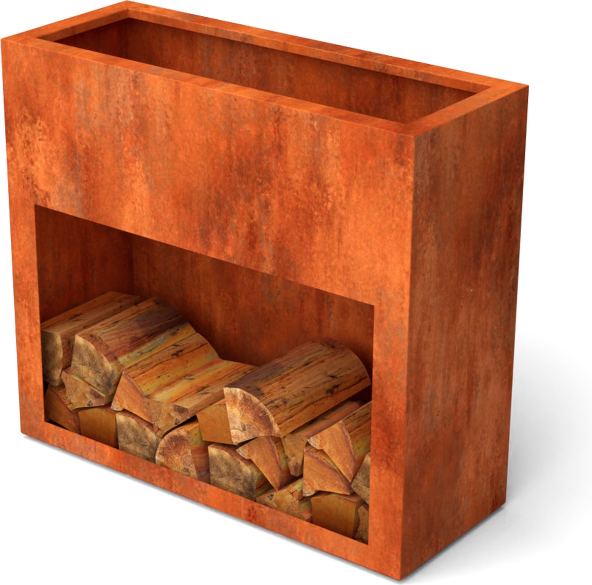 Plantenbak met houtopslag Landa Exclu Cortenstaal 1500x385x900mm (LxBxH) - Materiaaldikte 2mm. Voorzien van afwatering. Stockage voor hout. Omplooi bovenrand 50mm.