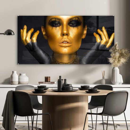 MuchoWow® Peinture sur Verre - Femme - Portrait - Or - Luxe - Zwart - 120x60 cm - Peintures sur Verre Acrylique - Photo sur Glas