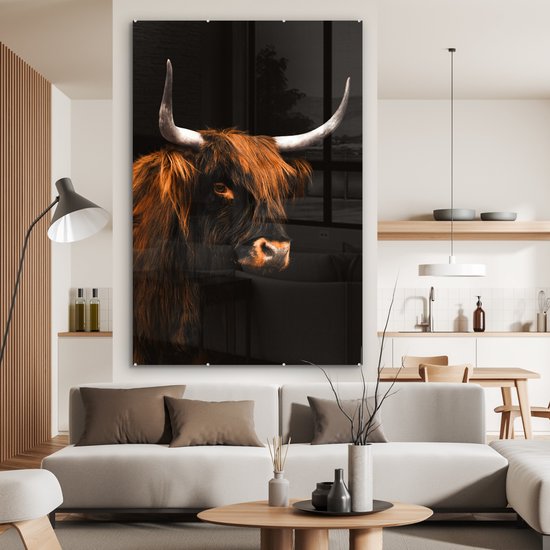 MuchoWow® Peinture sur verre 100x150 cm - Peinture sur verre acrylique - Highlander écossais - Zwart - Fourrure - Photo sur verre - Peintures