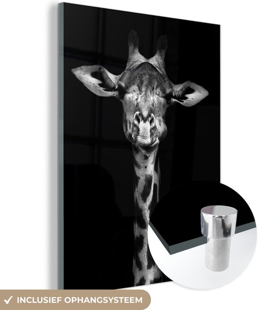 Glasschilderij - Foto op glas - Wilde dieren - Giraffe - Zwart - Wit - 60x80 cm - Acrylglas - Wanddecoratie glas - Glasschilderij giraffe - Woondecoratie - Glasschilderij dieren