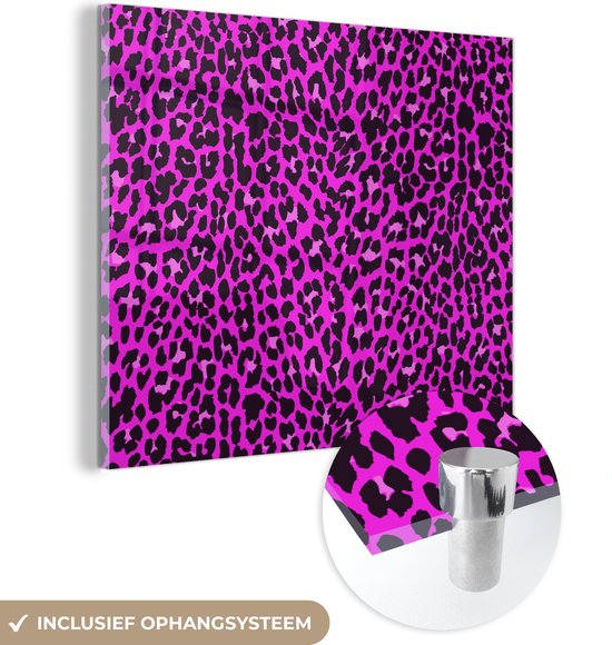 MuchoWow® Glasschilderij 50x50 cm - Schilderij acrylglas - Luipaardprint - Patroon - Roze - Foto op glas - Schilderijen