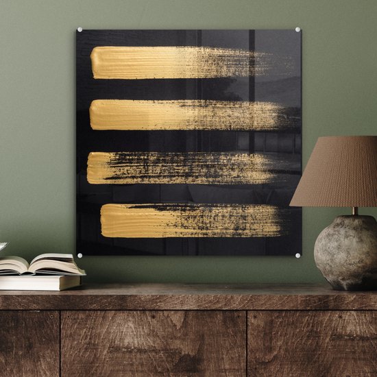 MuchoWow® Glasschilderij 50x50 cm - Schilderij acrylglas - Patroon van gouden verf op een zwarte achtergrond - Foto op glas - Schilderijen