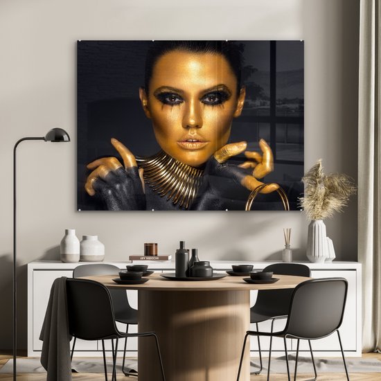 MuchoWow® Peinture sur Verre - Maquillage - Sac - Goud - Luxe - Femme - 120x90 cm - Peintures sur Verre Peintures - Photo sur Glas