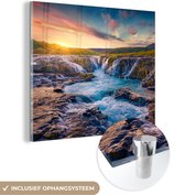 Peinture sur verre - Photo sur verre - Cascade - Soleil - Berg - Nature - Peinture sur verre - Verre acrylique - Décoration murale - 90x90 cm - Plaque acrylique - Peintures de salon