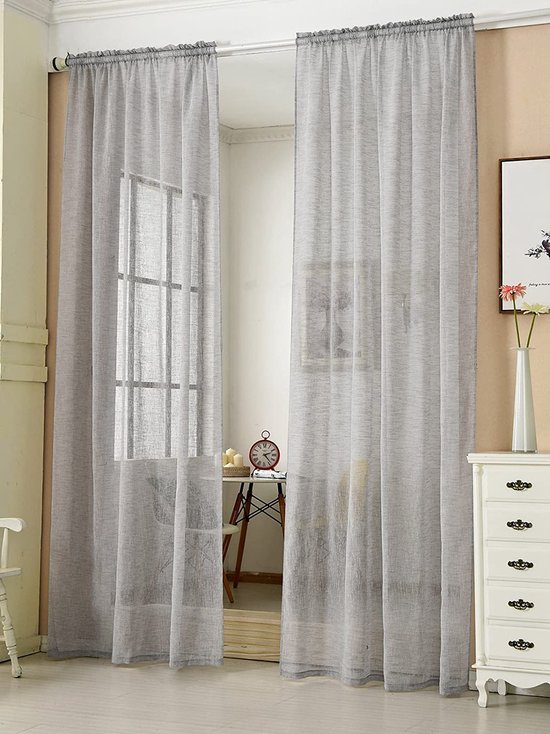 Transparant gordijn met plooiband 2 stuks raamsjaal in linnen-look decoratief gordijn maten raamgordijn voor slaapkamer kinderkamer keuken stores gordijn