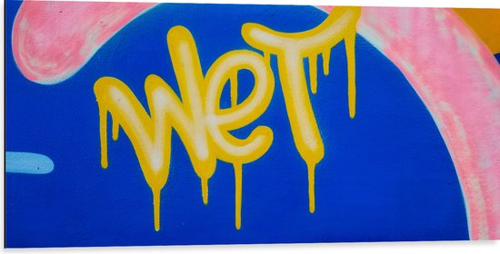 Dibond - Gele Graffiti Tekst ''Wet'' op Blauwe Ondergrond - 100x50 cm Foto op Aluminium (Met Ophangsysteem)