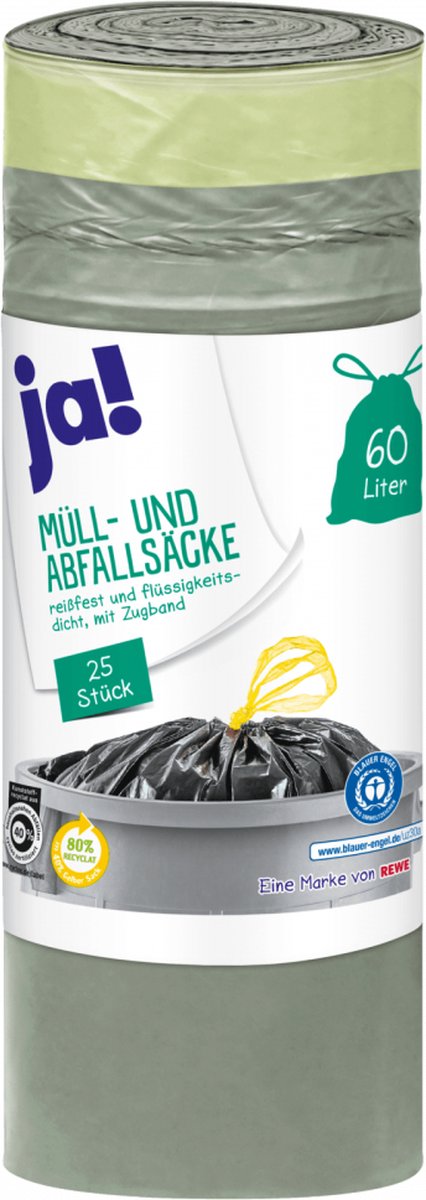 Ja! | 4 x 25 vuilniszakken | 60 liter | 100 stuks | scheur en lek vast | met trekband | grijs | multipack