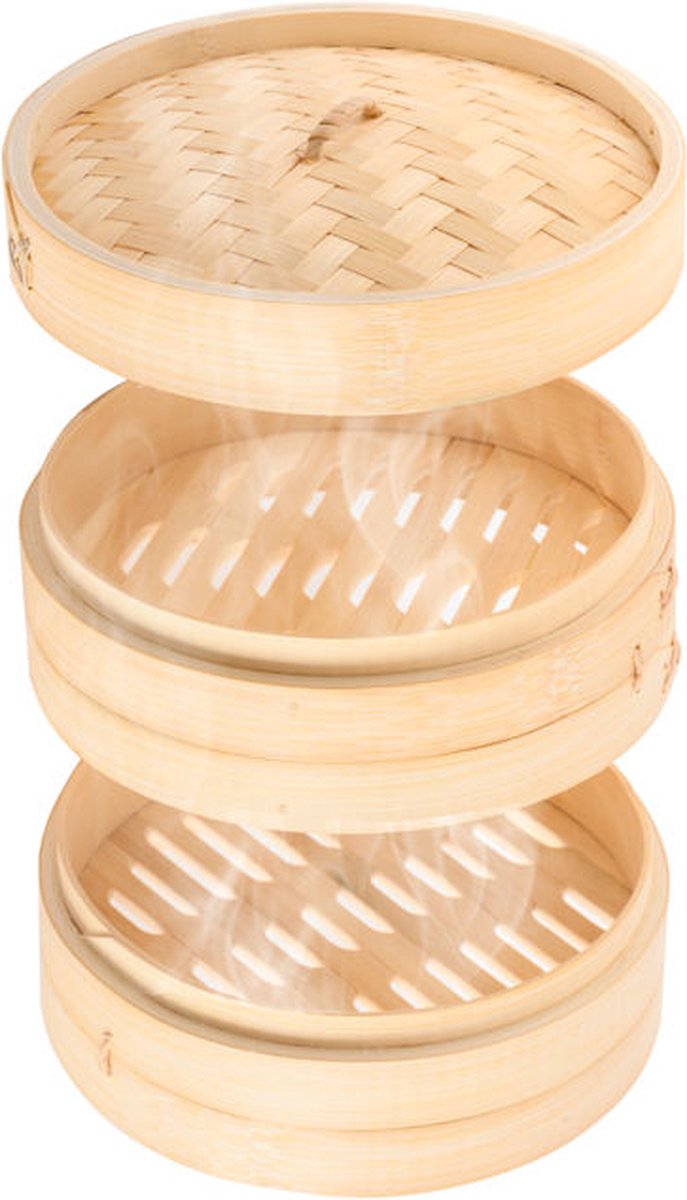 3 Delig Stoommandje met deksel - Ø20.5 Cm - Bamboe - Rijst Stoommanden - Stomer Steamer Cooker - Dim Sum Stoomschaal — cadeau in Kookcadeaus - foto 4