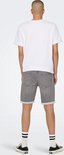 Man met grijze denim short met omgerolde zoom, witte t-shirt en gestreepte sokken.