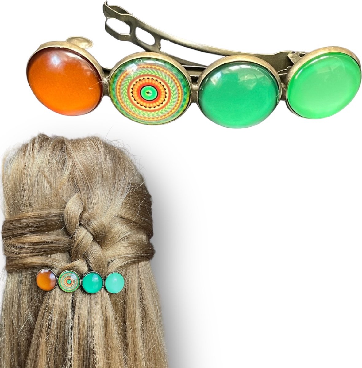 Hairpin.nu-Hairclip-glas cabochon-haarspeld-mandala-bohemian-ibiza-groen-print
