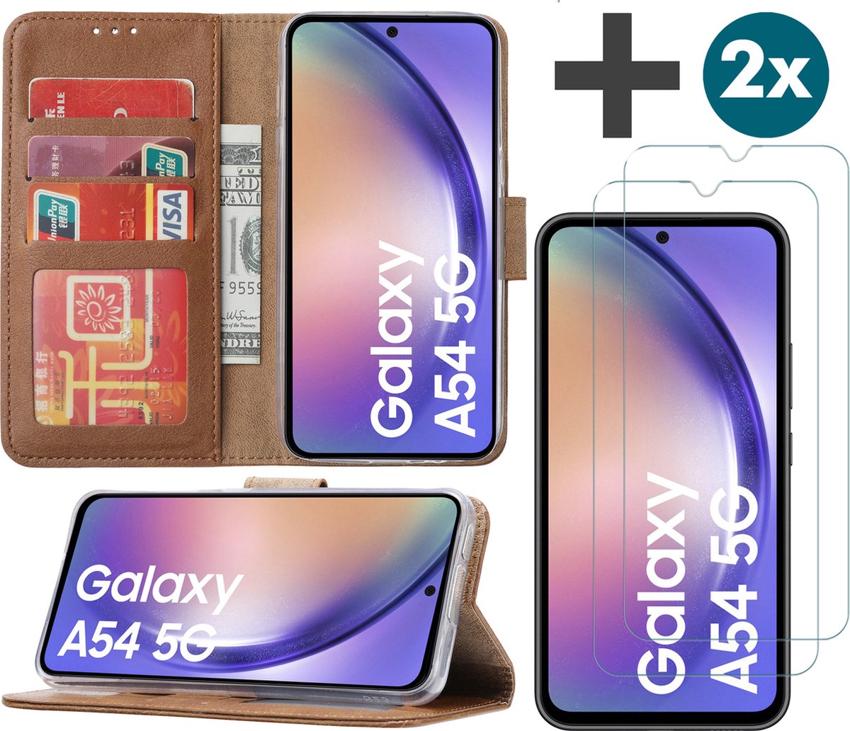 Arara Hoesje geschikt voor Samsung Galaxy A54 (5G) hoesje - bookcase met pasjeshouder + 2x Screenprotector tempered glass - Bruin