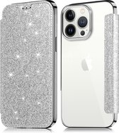 Flip Case Geschikt voor Apple iPhone 14 Pro Max - Zilver - Glitters - Folio Hoesje
