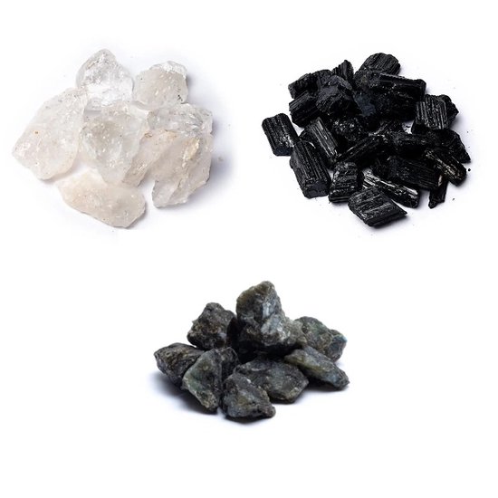 Set de pierres précieuses brutes - Quartz transparent, Labradorite et tourmaline noire - Protection et résistance - 3 à 5 cm par pierre - Pierres précieuses et Minéraux