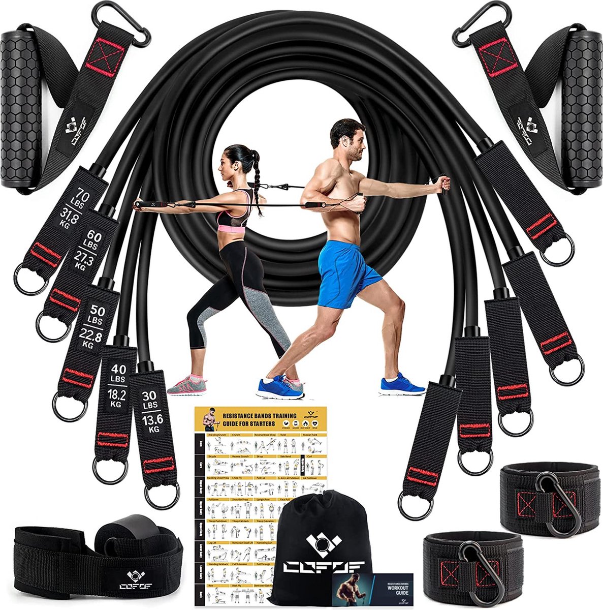 set van 5 fitnessbanden, expander tube bands, fitnessband met grote handgreep, enkelriem, deurankerbevestiging, draagas, ideaal voor pilates, krachttraining, fysiotherapie