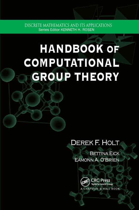 Handboek van Computationele Groepentheorie, met illustraties van moleculaire structuren op een zwarte achtergrond.