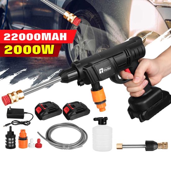 Hogedrukreiniger op accu 21 V, met krachtige motor en 6-in-1 multifunctioneel mondstuk, max. 50 bar, draadloze hogedrukreiniger, voor het wassen en besproeien van de auto