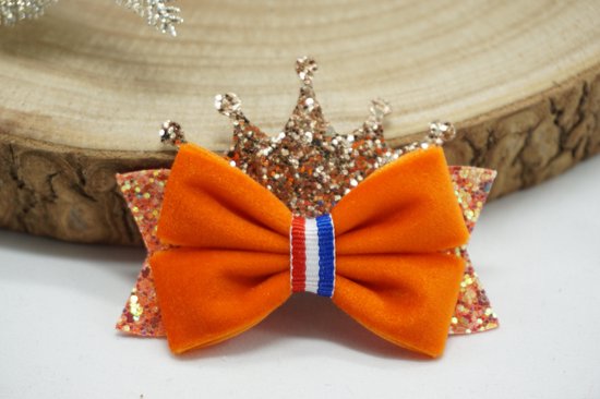 Haarstrik Koningsdag - Satijn Vinyl - Glitter - Oranje - Kroontje - clip - Bows and Flowers
