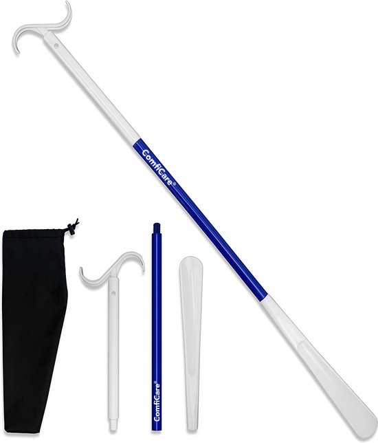 ComfiCare® Schoenlepel Lang 90cm - 3 lengtes - Aankleedstok met schoenlepel - Sokkenhulp - 3-in-1 - Blauw/Wit