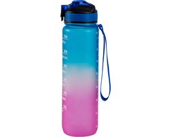 foto van Motivatie Waterfles - Blauw/Roze - 1 Liter Drinkfles - Waterfles met tijdmarkering - BPA Vrij - Volwassenen - Drinkfles Kinderen