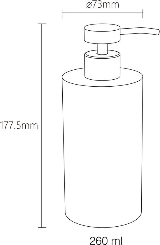Technische tekening van een zeepdispenser met afmetingen: hoogte 177,5 mm, diameter 73 mm, inhoud 260 ml.