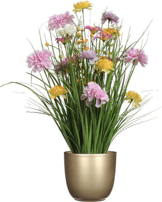 Kunstbloemen boeket lila paars - in pot goud - keramiek - H70 cm